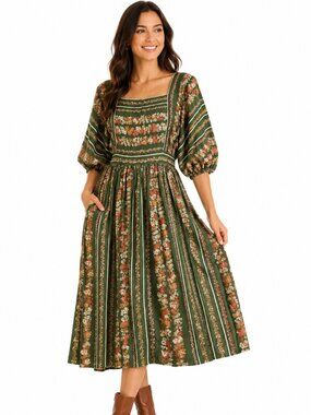 Vintage Saks Fifth 1970's Avenue Floral Boho Prairie Dress Green Puff Sleeve